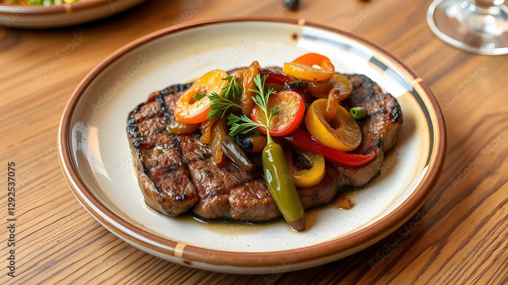 Seared Steak with Peppers and Caramelized Onions on a Ceramic Plate Seared Steak with Peppers and Caramelized Onions on a Ceramic Plate