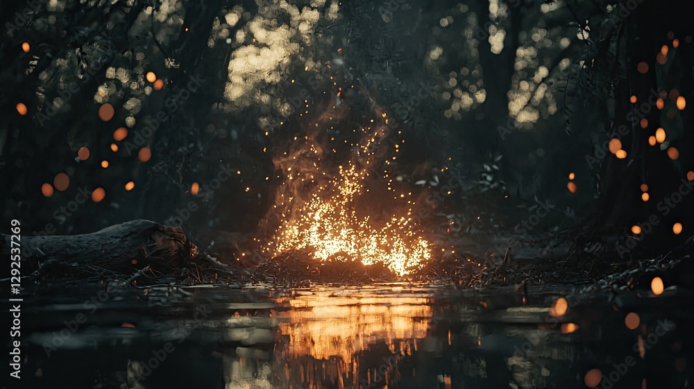 Obraz premium A bonfire burns brightly near still water in the forest