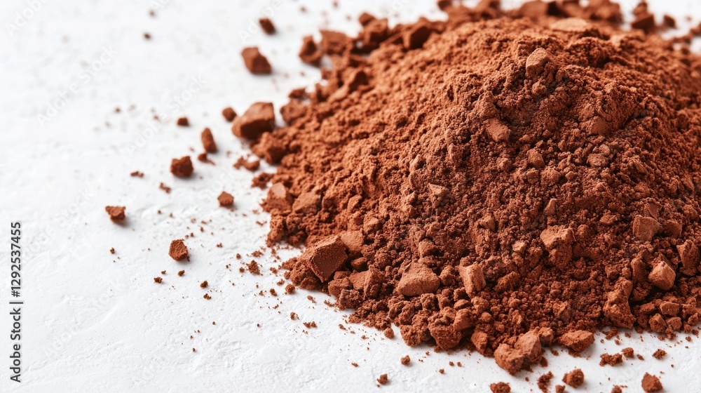 A close-up view of cocoa powder, showcasing its rich brown color and fine texture, ideal for baking and desserts. A close-up view of cocoa powder, showcasing its rich brown color and fine texture, ideal for baking and desserts.