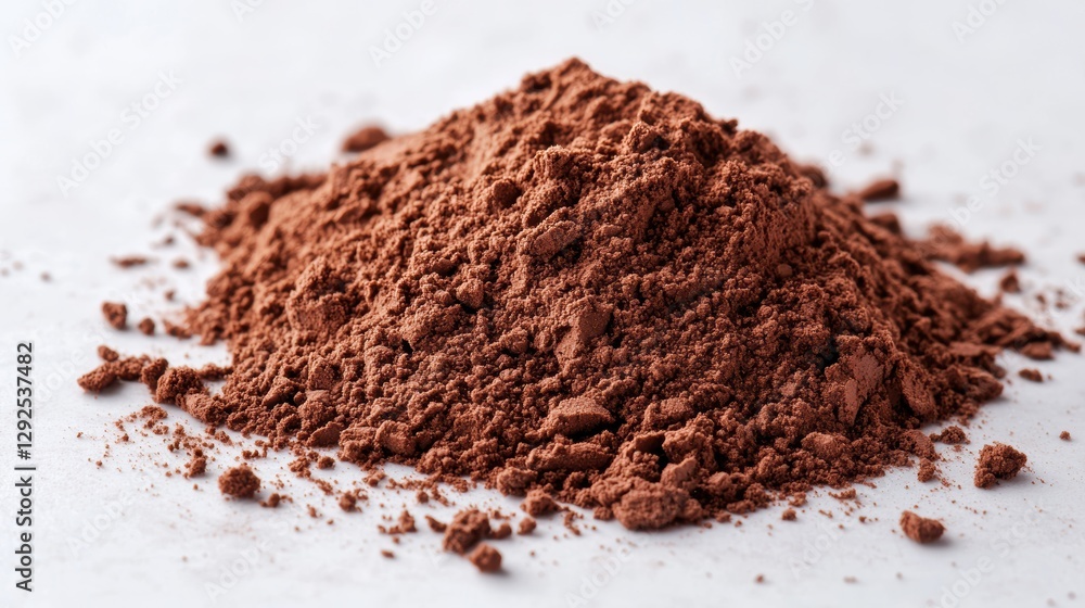 A rich mound of cocoa powder, showcasing its fine texture and deep brown color, perfect for baking and enhancing desserts. A rich mound of cocoa powder, showcasing its fine texture and deep brown color, perfect for baking and enhancing desserts.