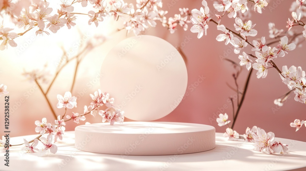 Elegant 3D podium bathed in warm sunlight, adorned with delicate cherry blossom branches and soft greenery. Elegant 3D podium bathed in warm sunlight, adorned with delicate cherry blossom branches and soft greenery.