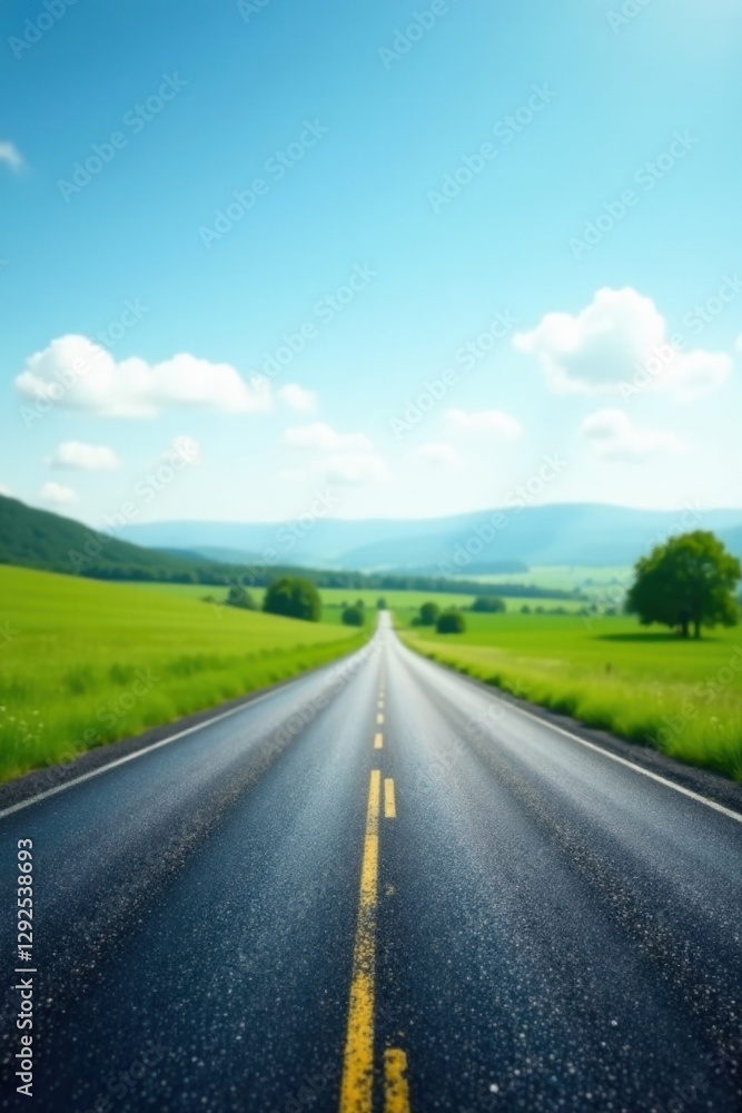 Asphalt Road Leading Through Verdant Meadows Under a Summer Sky, Towards a Distant Horizon Asphalt Road Leading Through Verdant Meadows Under a Summer Sky, Towards a Distant Horizon