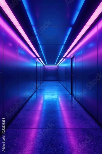 A Futuristic Corridor Illuminated by Vibrant Neon Lights Reflecting on a Polished Floor