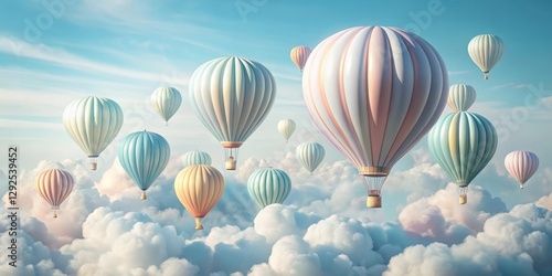 Pastel-colored hot air balloons drift serenely above a boundless expanse of fluffy white clouds under a vibrant sky, creating a breathtaking scene of airy tranquility and whimsical adventure.