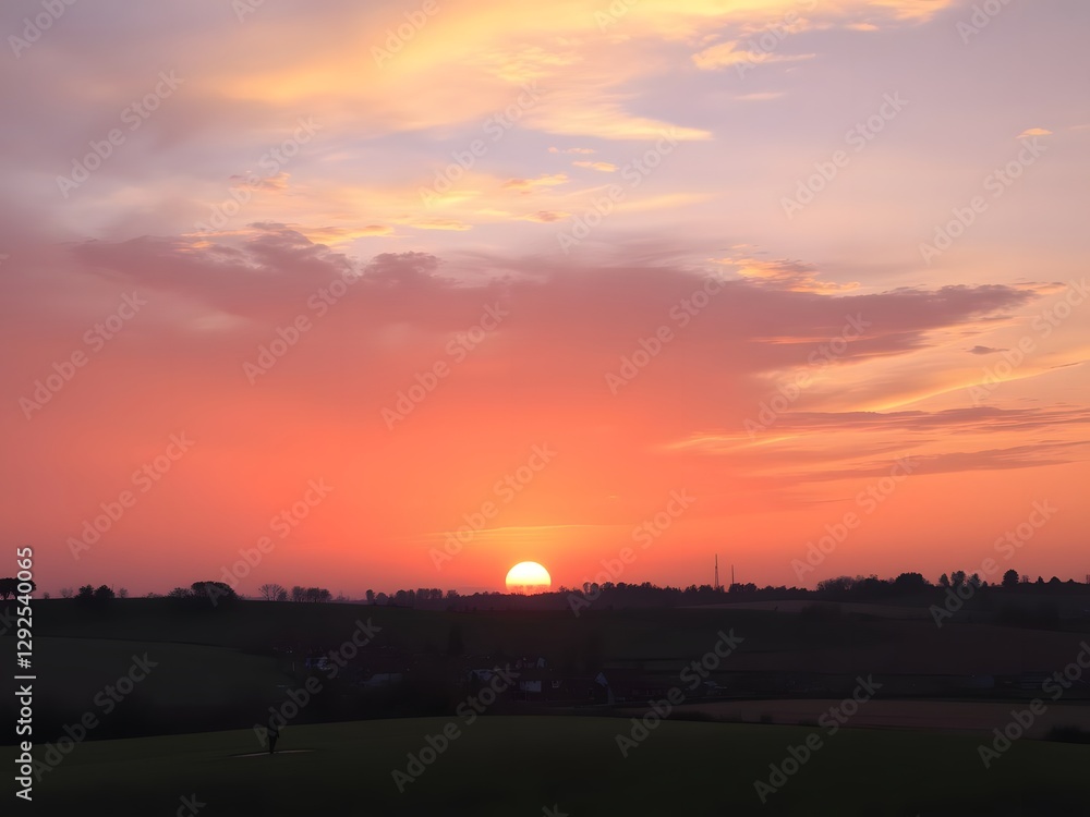 Sunset Over a Serene Village with Orange and Purple Skies, Tranquil Atmosphere Sunset Over a Serene Village with Orange and Purple Skies, Tranquil Atmosphere