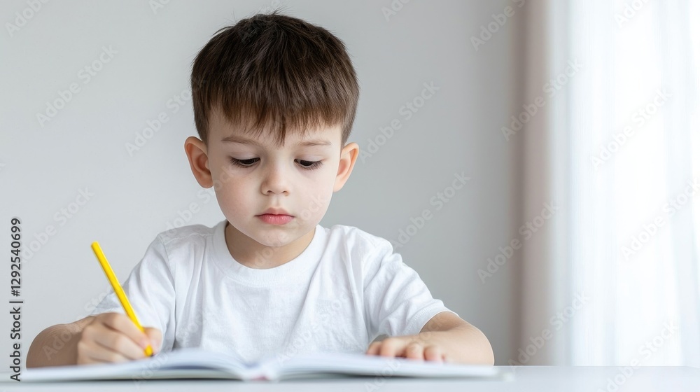 Boy drawing at home, indoor scene, education Boy drawing at home, indoor scene, education