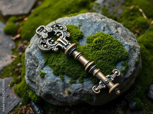  A Majestic Antique Key Bound with Thorns Resting on Ancient Stone with Moss