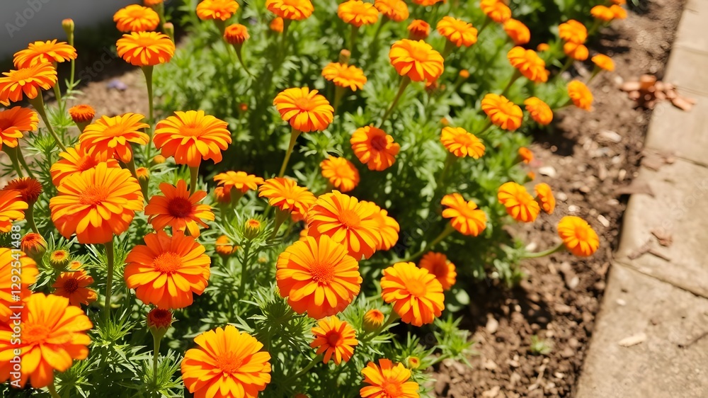 Bright Orange Marigolds in a Garden Bed with Sunlight Creating a Warm, Vibrant Glow Bright Orange Marigolds in a Garden Bed with Sunlight Creating a Warm, Vibrant Glow