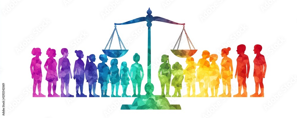 A scale with equal human figures, symbolizing fairness, justice, and policy decisions, with dynamic, vibrant colors representing the concept of equality and balance in society