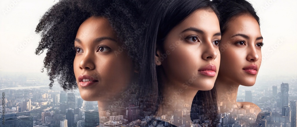 Obraz premium Three women of different ethnicities in profile, their faces merging with a vibrant metropolis, representing diversity, progress, and the fast-paced city lifestyle.