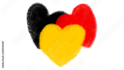 Crayon charcoal  brush textured love heart shape in germany color flag colors black, red, yellow on white background. Design element for Germany day celebrate.