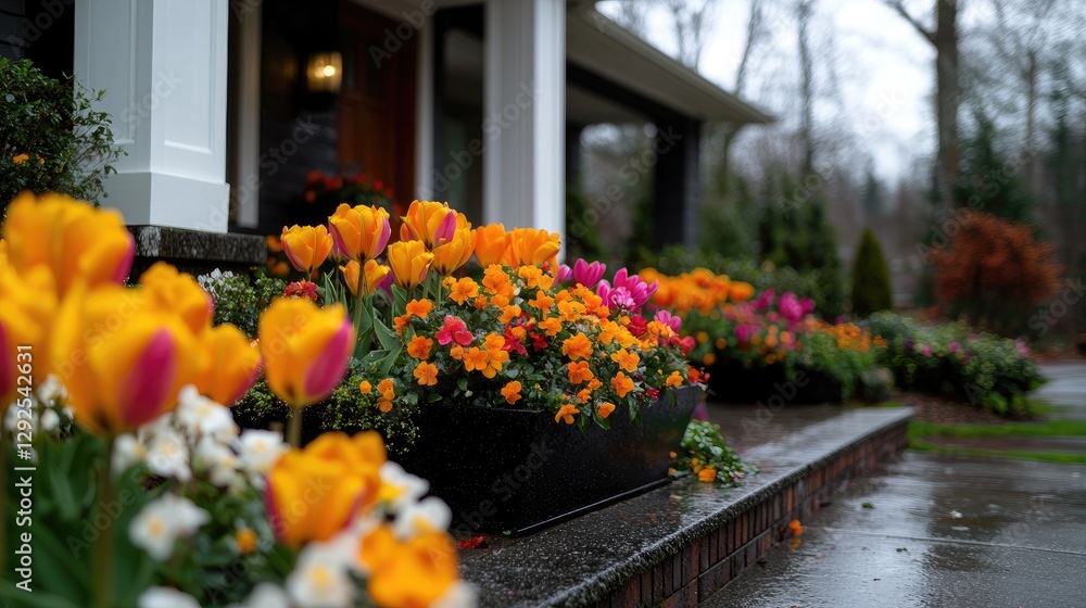 custom made wallpaper toronto digitalColorful tulips and flowers at house entrance, rainy day