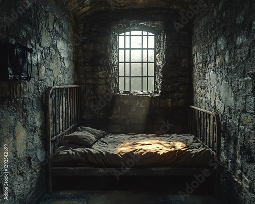 A cold, dark prison cell with aged stone walls, iron bars, and a worn bed, creating an atmosphere of captivity, loneliness, and harsh confinement photo