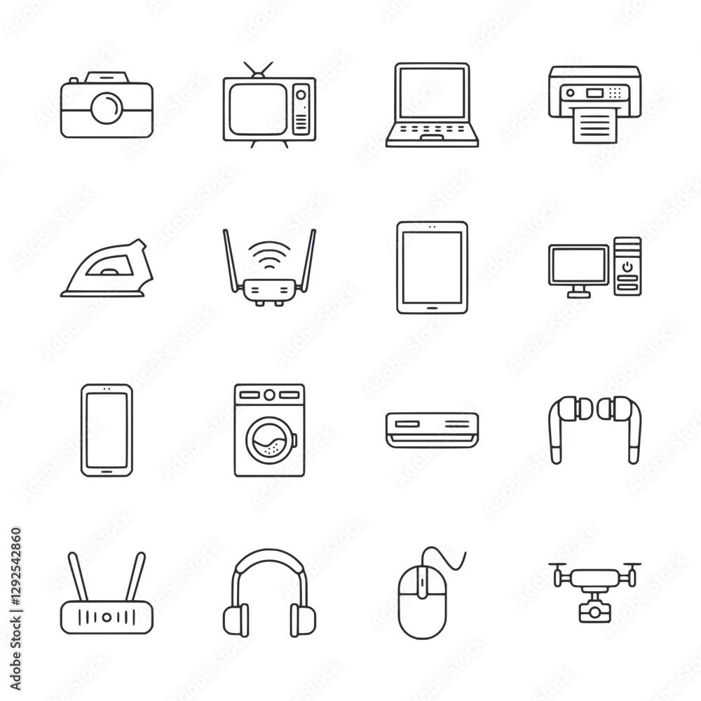 A set of icons for various electronic devices and appliances A set of icons for various electronic devices and appliances