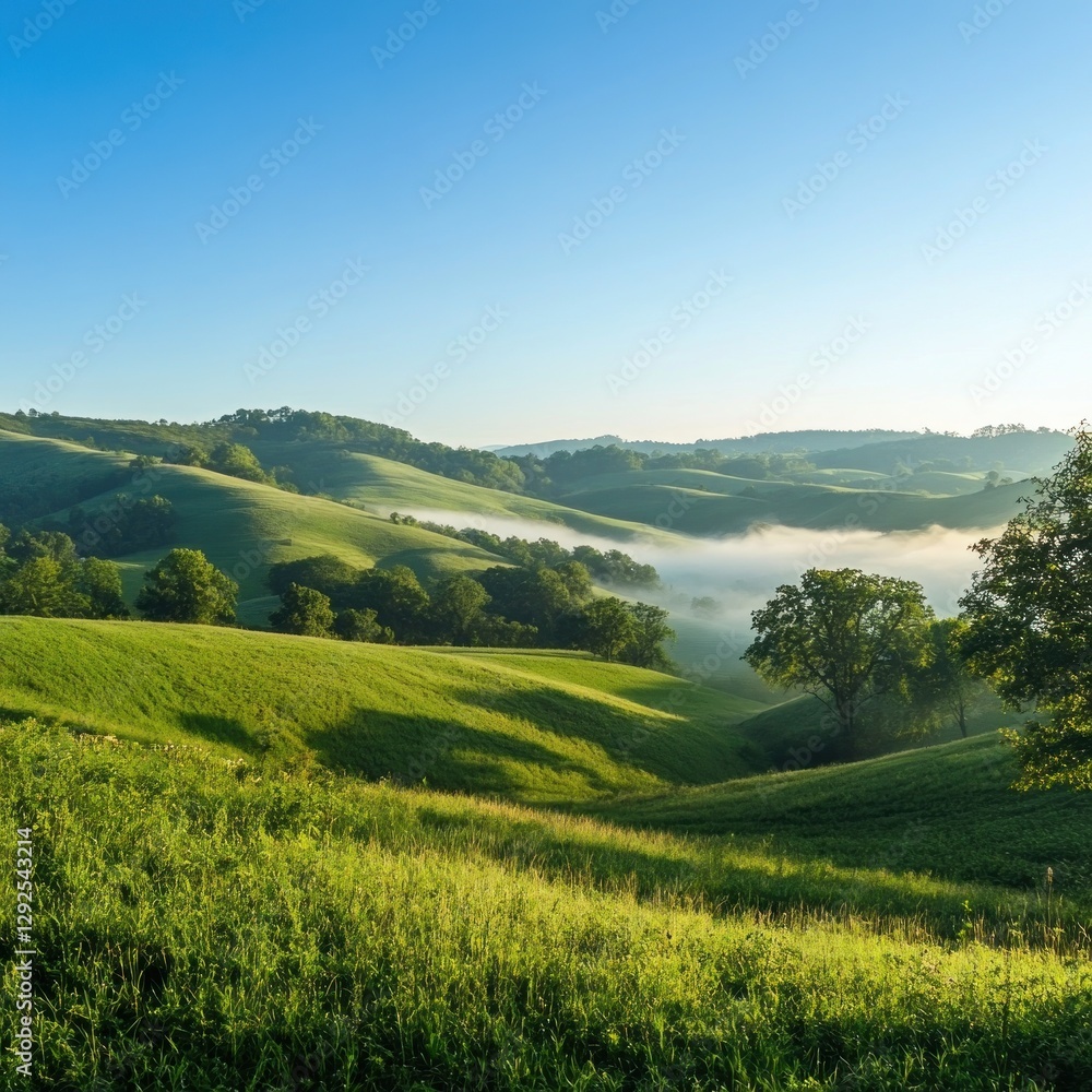 Obraz premium Lush rolling hills, morning mist, tranquil landscape