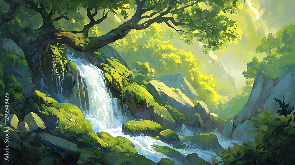 Sunlit Waterfall in a Lush Green Forest: A Digital Painting AI Generated Sunlit Waterfall in a Lush Green Forest: A Digital Painting AI Generated