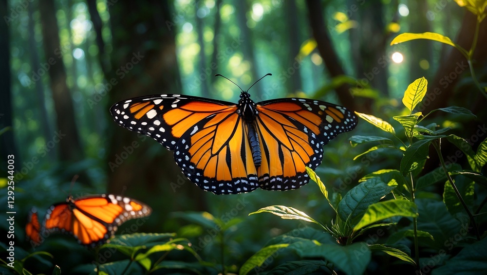 Enchanting monarch butterfly gliding through lush forest light Enchanting monarch butterfly gliding through lush forest light