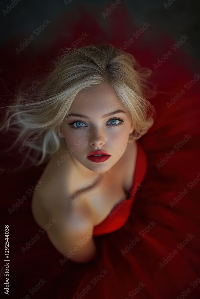 a fiery red background show the blonde woman powerful posture and features captivate attention. a fiery red background show the blonde woman powerful posture and features captivate attention.