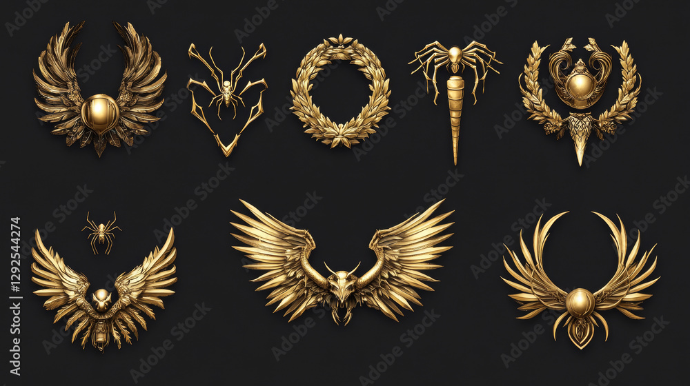 Game level golden ui icons, buttons, empty badges or banners with green glossy plank, gold wings, laurel wreath or spider legs decor. Isolated award or bonus frames, Vector graphic elements for rpg Game level golden ui icons, buttons, empty badges or banners with green glossy plank, gold wings, laurel wreath or spider legs decor. Isolated award or bonus frames, Vector graphic elements for rpg