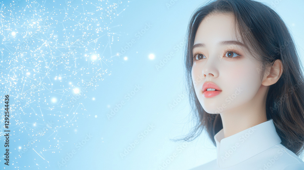 Fototapeta premium young woman with long hair gazes thoughtfully against soft blue background, surrounded by sparkling lights