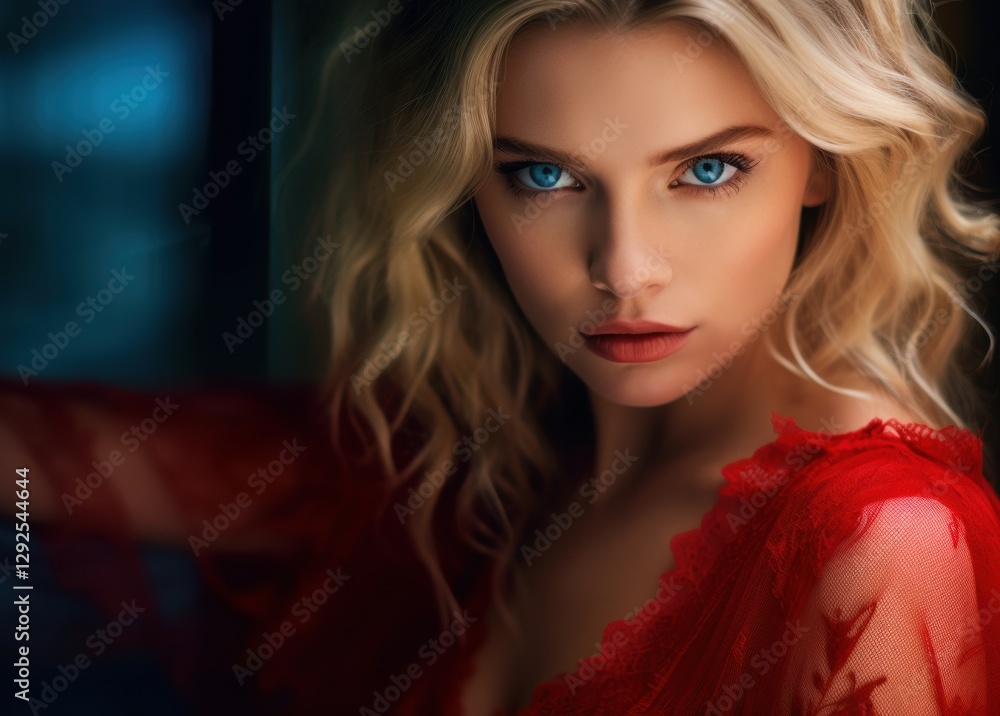 a fiery red background show the blonde woman powerful posture and features captivate attention. a fiery red background show the blonde woman powerful posture and features captivate attention.