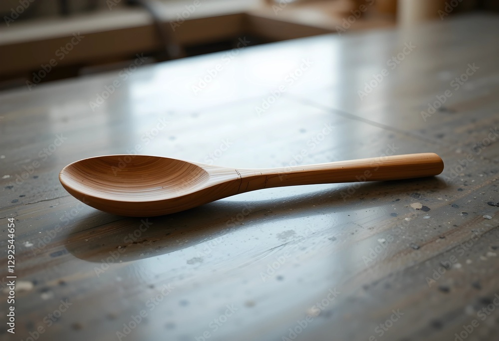 A wooden spoon on a kitchen counter, showcasing its natural wood grain. Soft lighting enhances the rustic kitchen feel. A simple, practical tool for cooking and meal preparation. A wooden spoon on a kitchen counter, showcasing its natural wood grain. Soft lighting enhances the rustic kitchen feel. A simple, practical tool for cooking and meal preparation.