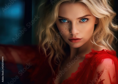 a fiery red background show the blonde woman powerful posture and features captivate attention.