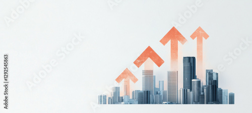 City skyline with upward arrows symbolizing growth and progress