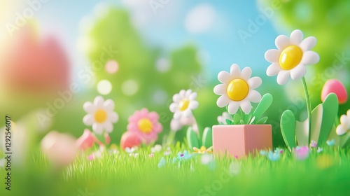 3D Cartoon Fantasy Game Scene with Flowers Growing from a Box, Set in a Vibrant Green Meadow with Camping Supplies