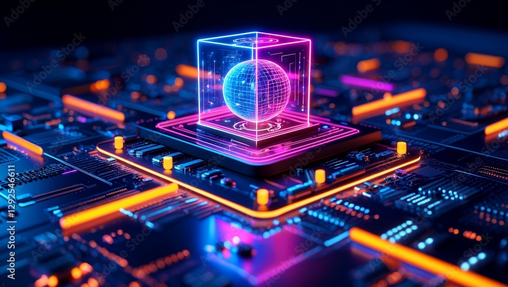 Obraz premium Futuristic quantum computing technology bathed in neon glow