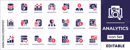 Flat analysis, infographic, and analytics icon set featuring data visualization, charts, reports, statistics, business growth, and digital insights.
