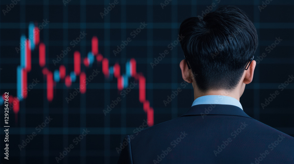 Trader observing fluctuating stock market trends with focus and concern