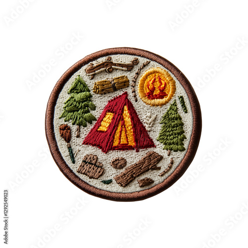 A circular embroidered patch featuring a red tent, trees, logs, and a campfire, symbolizing outdoor camping adventures.
