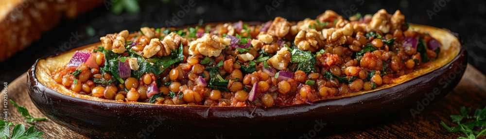 Stuffed eggplant with smoky lentils, spinach, and walnuts is delicious dish Stuffed eggplant with smoky lentils, spinach, and walnuts is delicious dish