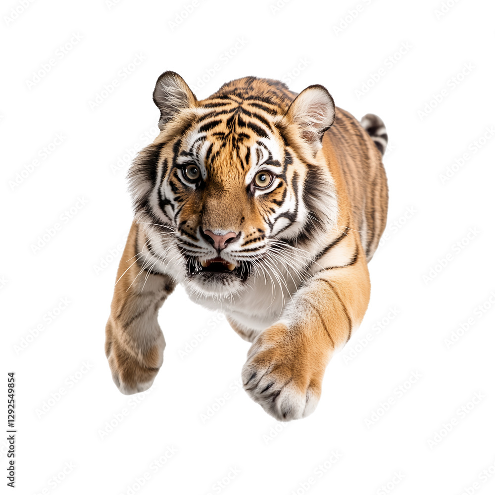 A fierce tiger lunges forward, showcasing its powerful muscles and striking orange and black stripes. A fierce tiger lunges forward, showcasing its powerful muscles and striking orange and black stripes.