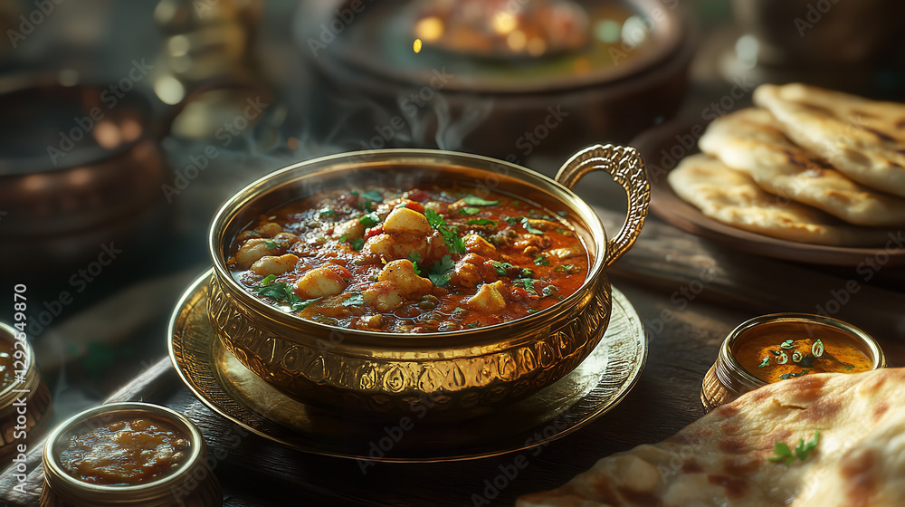 Indian Chicken Curry Served in a Traditional Metal Bowl