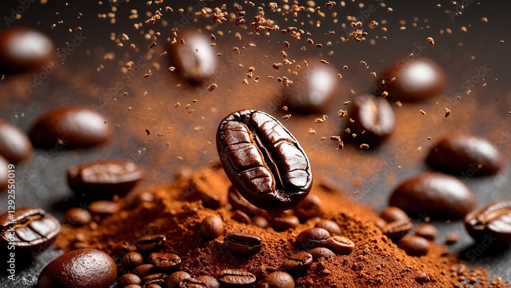 Perfectly roasted coffee bean floating above ground powder Perfectly roasted coffee bean floating above ground powder