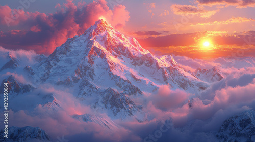 Majestic snowy mountain peaks illuminated by vibrant sunset sky