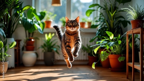 Playful cat leaping through sunlit indoor jungle