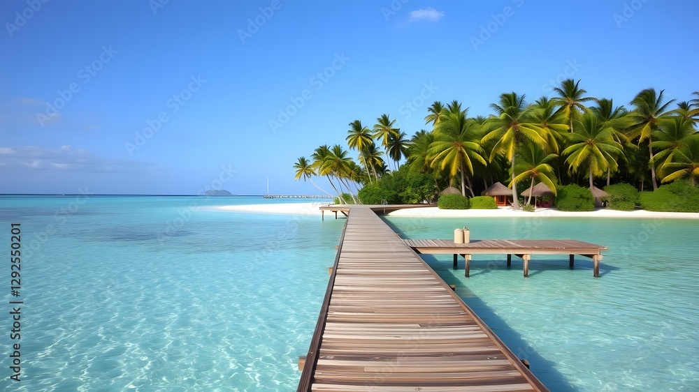 Fototapeta premium Tropical Island with a Long Pier Leading to a Clear Blue Lagoon Surrounded by Palm Trees