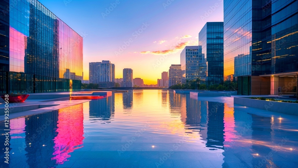 Fototapeta premium Reflective serenity in urban light and color