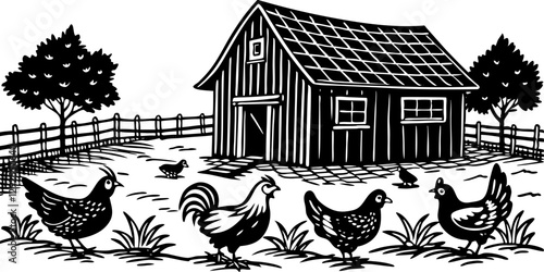 Black and white illustration of a chicken coop with several chickens roaming in the yard, depicted in a woodcut or linocut style with bold lines and textured details.