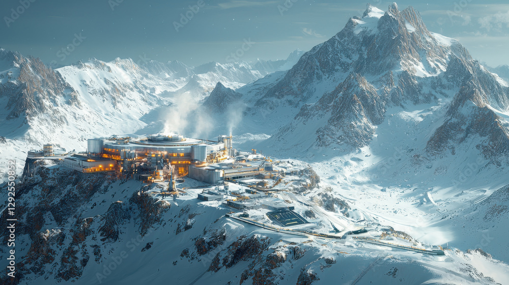 Fototapeta premium geothermal energy plant surrounded by snow capped mountains, showcasing sustainable energy in stunning landscape