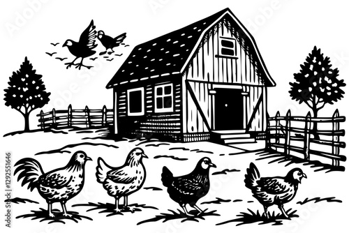 Black and white illustration of a barn with chickens in the foreground and a couple flying in the background, depicted in a woodcut or linocut style with bold lines and textured details.
