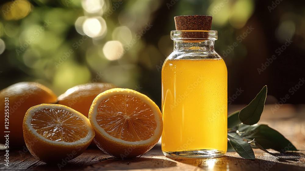 Zesty cold pressed lemon juice in glass bottle with fresh lemons Zesty cold pressed lemon juice in glass bottle with fresh lemons