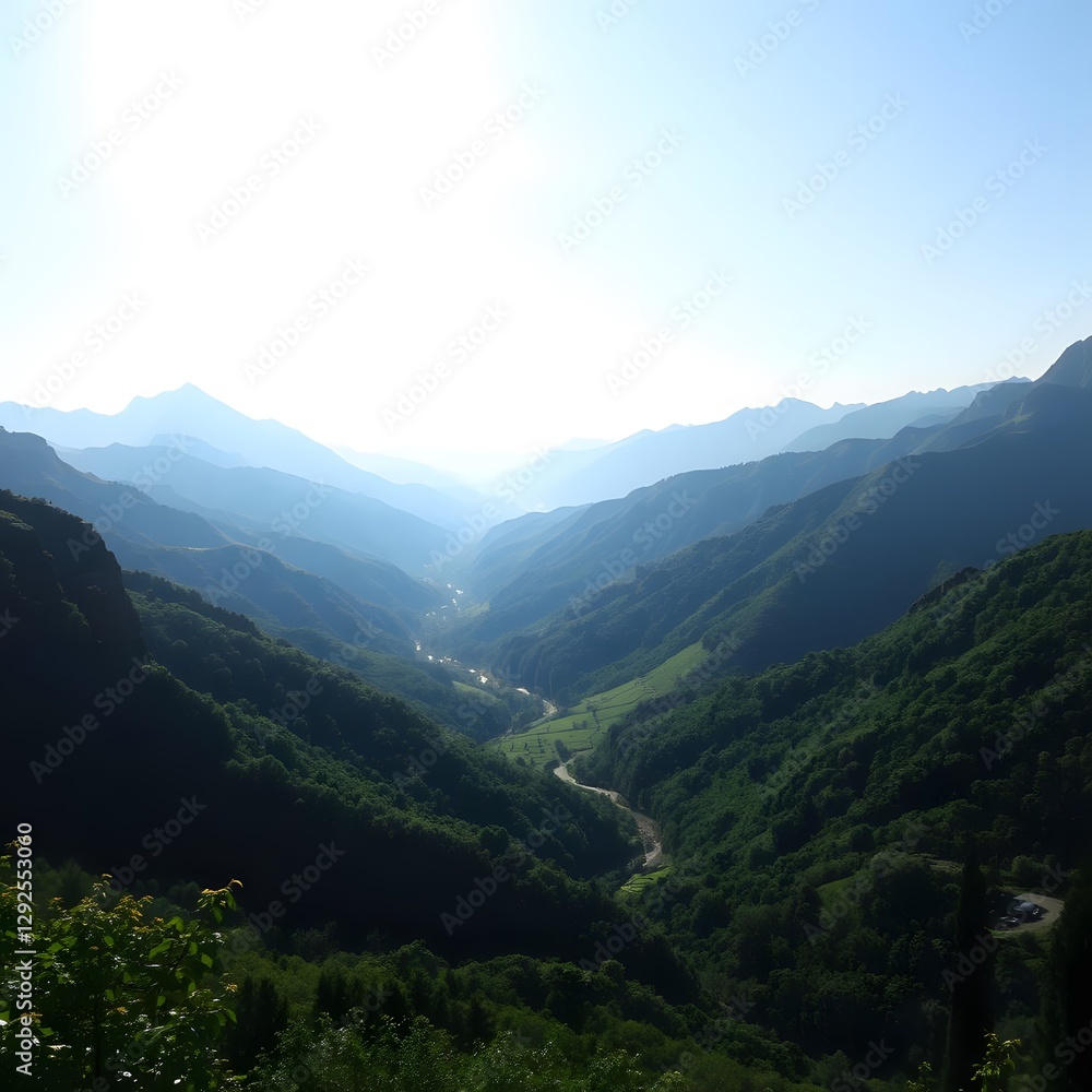 Sunlit Mountains with Lush Green Valleys and a Bright Sky Above Sunlit Mountains with Lush Green Valleys and a Bright Sky Above