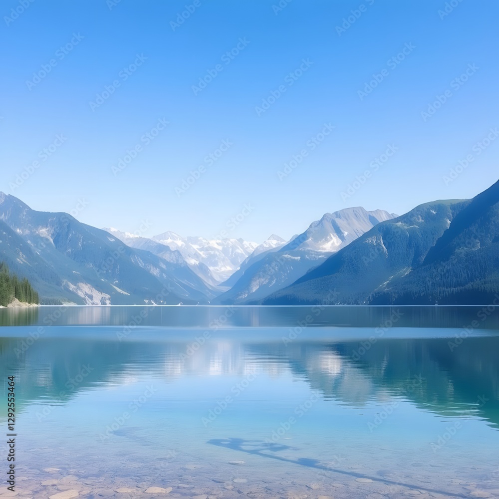 Reflective Lake and Majestic Mountain View in Bright Summer Light Reflective Lake and Majestic Mountain View in Bright Summer Light