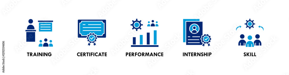 Trainee banner web icon illustration concept with icon of training, certificate, performance, internship, and skill Trainee banner web icon illustration concept with icon of training, certificate, performance, internship, and skill