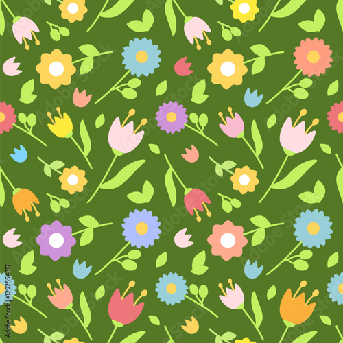 Flat seamless floral pattern with multicolored flowers, leaves, and buds on a dark green background. Vector for fabric, wrapping, and spring easter designs