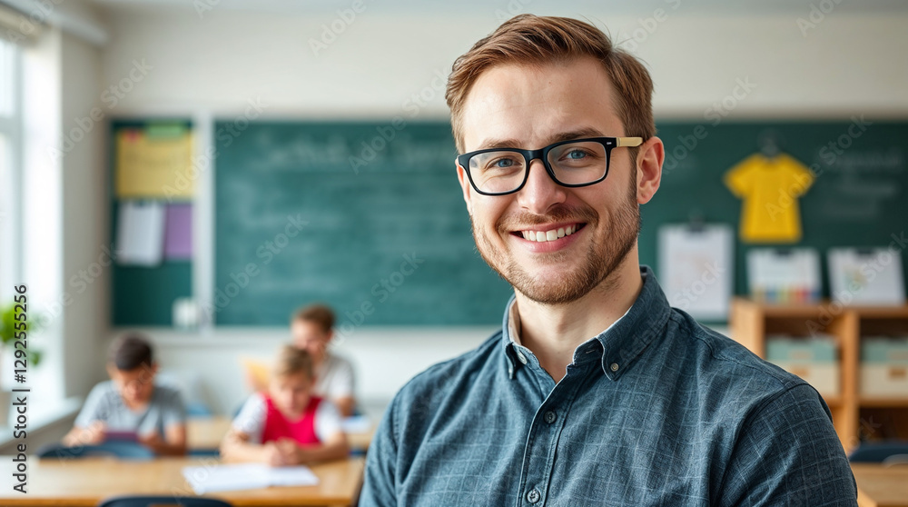 Fototapeta premium Happy male teacher standing in the classroom and looking at camera